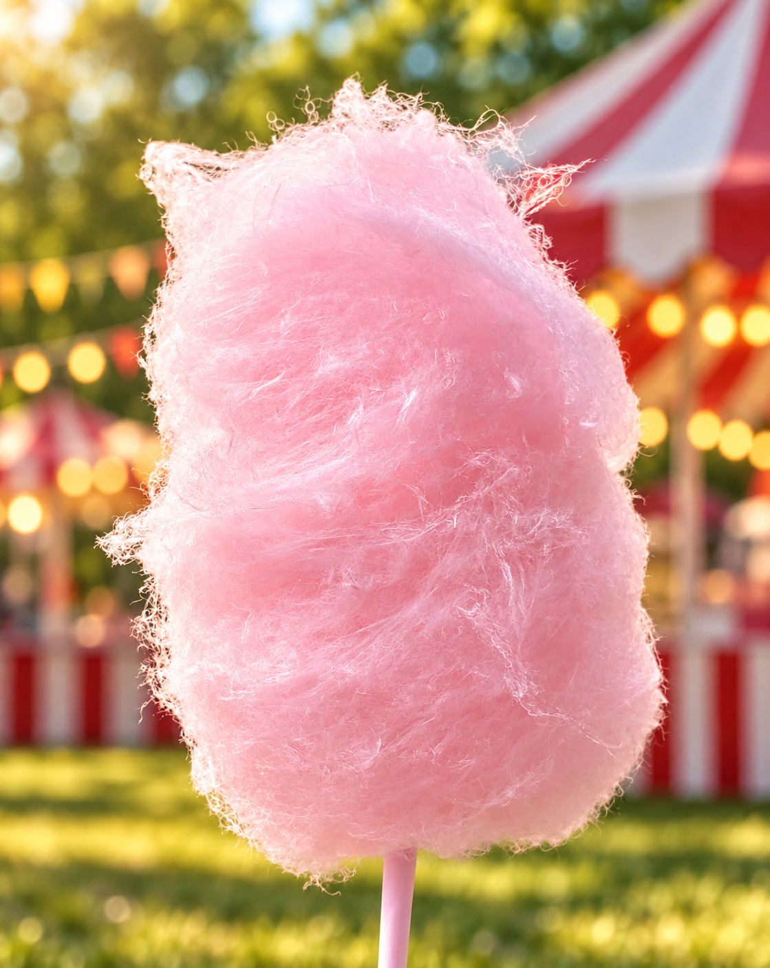 Pink cotton candy served on a stick by Carnival Treats