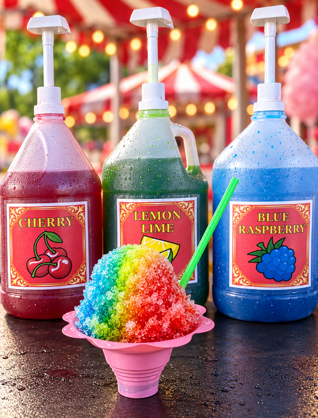 Colourful Sno-Kone with cherry, lemon lime, and blue raspberry flavours